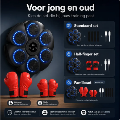 De drie sets naast elkaar: Standaard set, Half-finger set en Familieset met kinderhandschoenen
