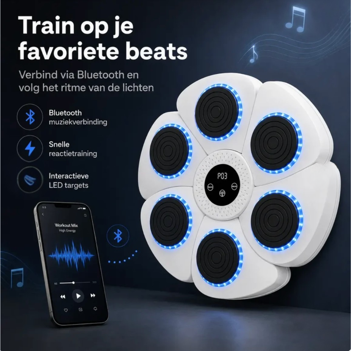 PunchBeat Classic Wit boksmachine, via Bluetooth verbonden met een telefoon