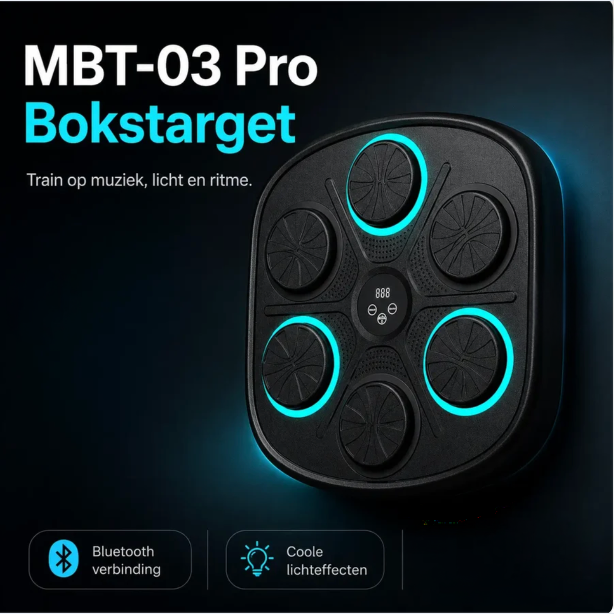 PunchBeat MBT-03 Pro Zwart, vierkant model met zes targets en turquoise LED
