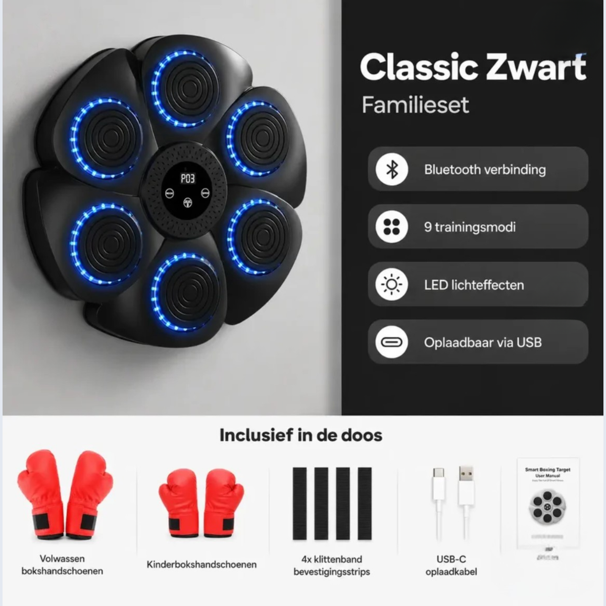 Classic Zwart Familieset met volwassen bokshandschoenen en kinderbokshandschoenen